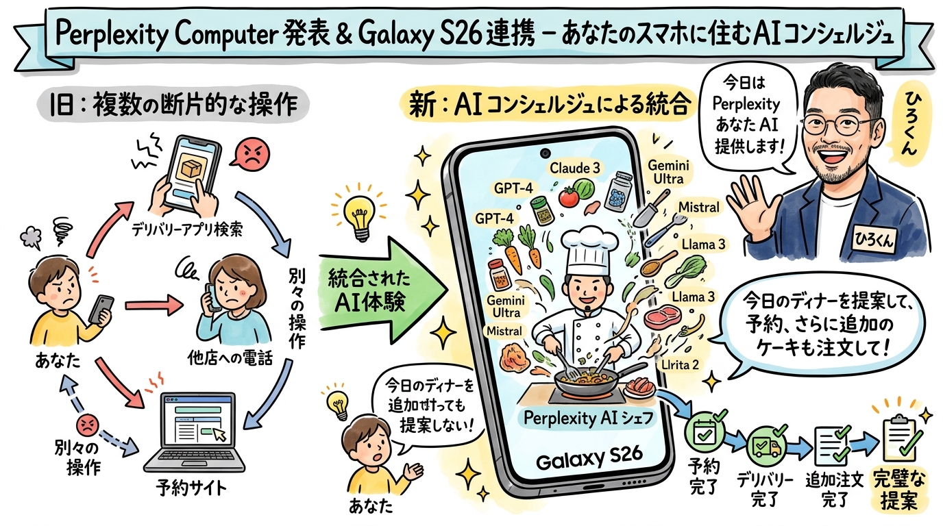 Perplexity Computer Samsung Galaxy S26連携 グラフィックレコーディング風図解