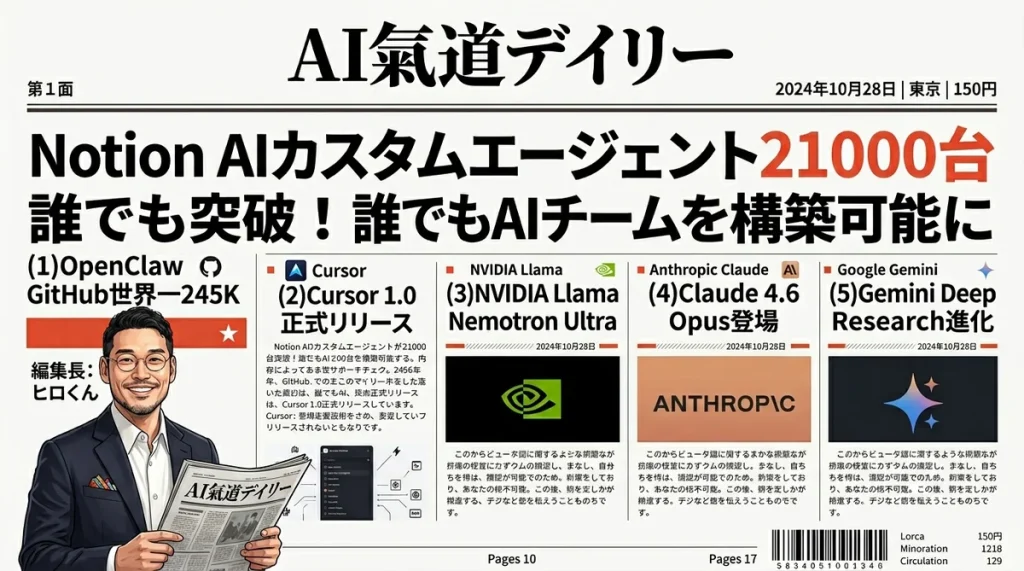 AI氣道デイリー 2026年3月7日 Notion AIカスタムエージェント特集 新聞風