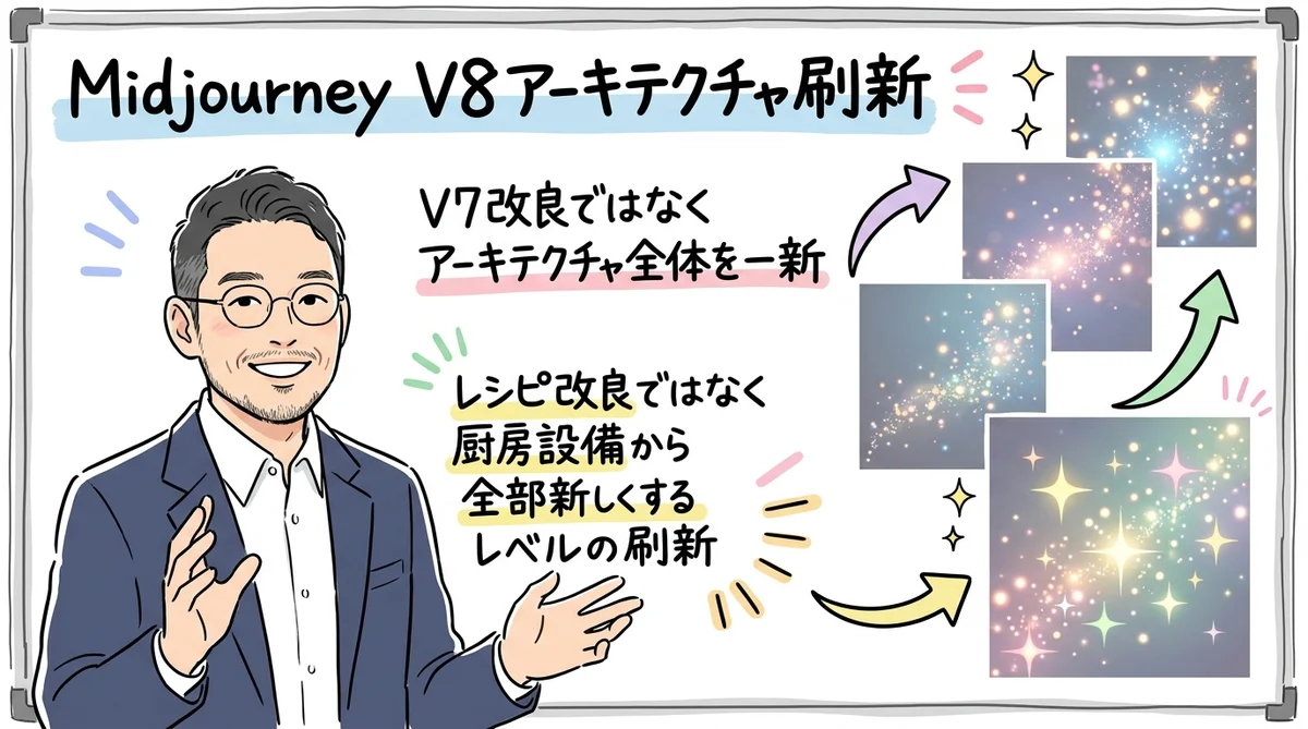 Midjourney V8アーキテクチャ刷新のグラフィックレコーディング