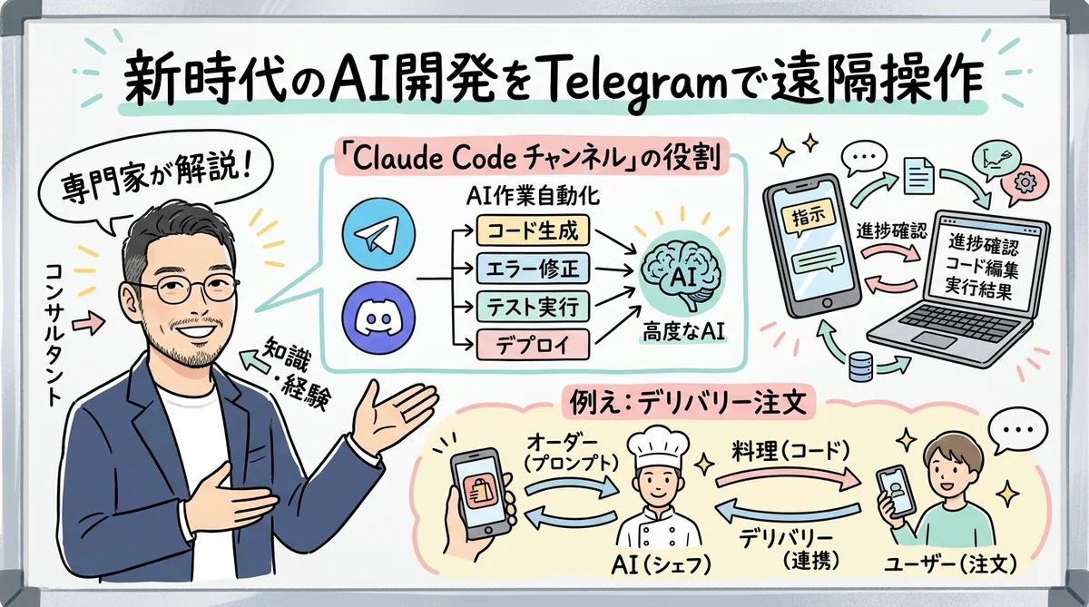 Claude Code Channels Telegram Discord遠隔操作のグラレコ図解
