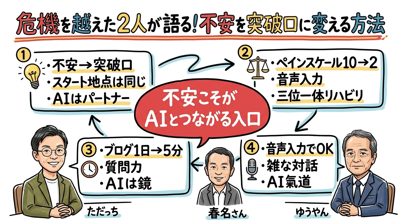 GPTs研究会LIVE 2026年3月7日 全体図解 危機を越えた2人が語る不安を突破口に変える方法