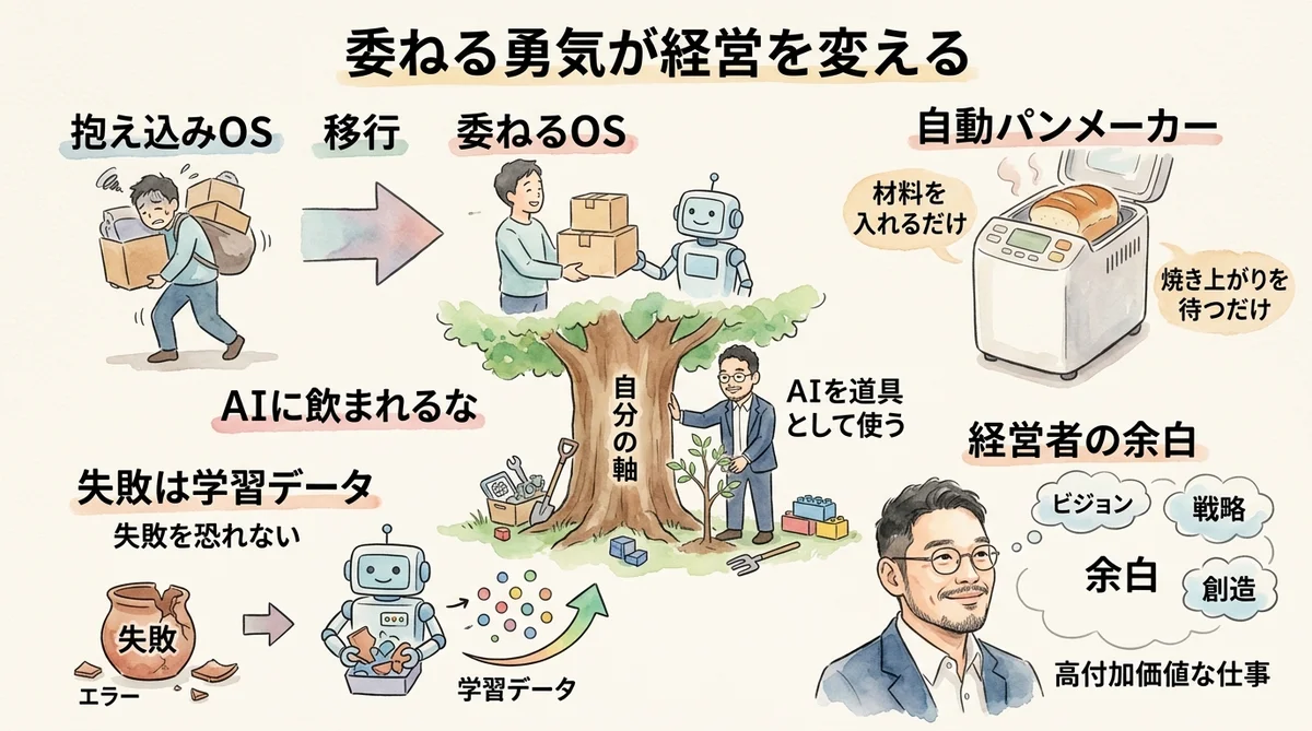「委ねる勇気」が経営を変える|AI経営術コラム図解