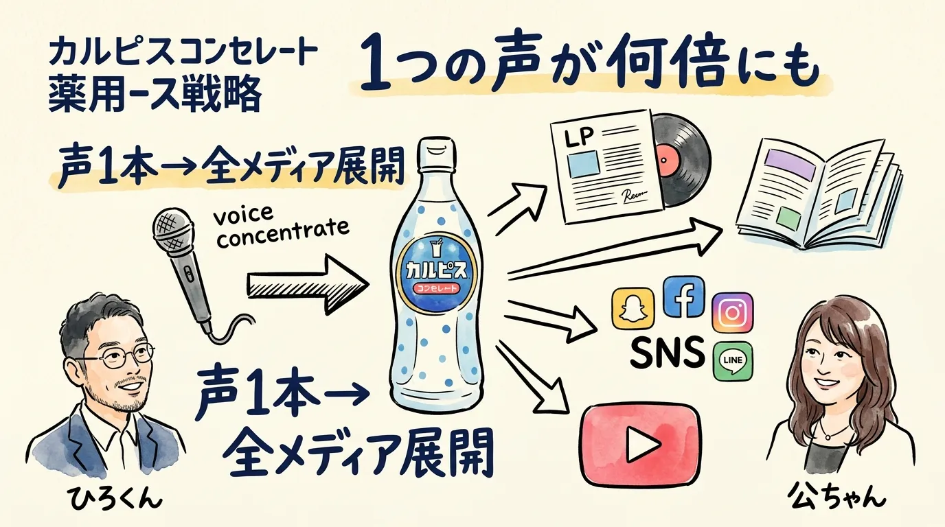 カルピス原液戦略——声1本から全メディア展開するリパーパス図解