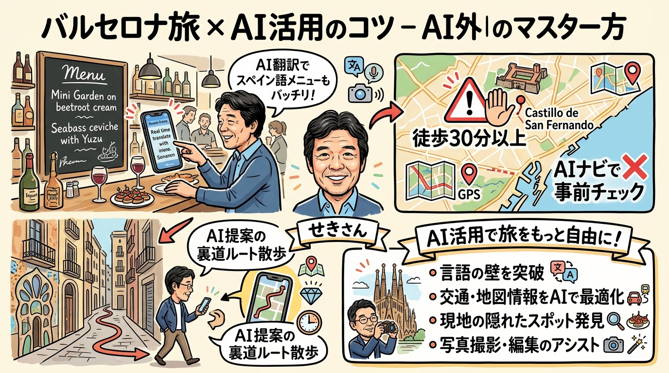 バルセロナ旅行AI活用術グラレコ図解 - 海外でAIを使い倒すコツ