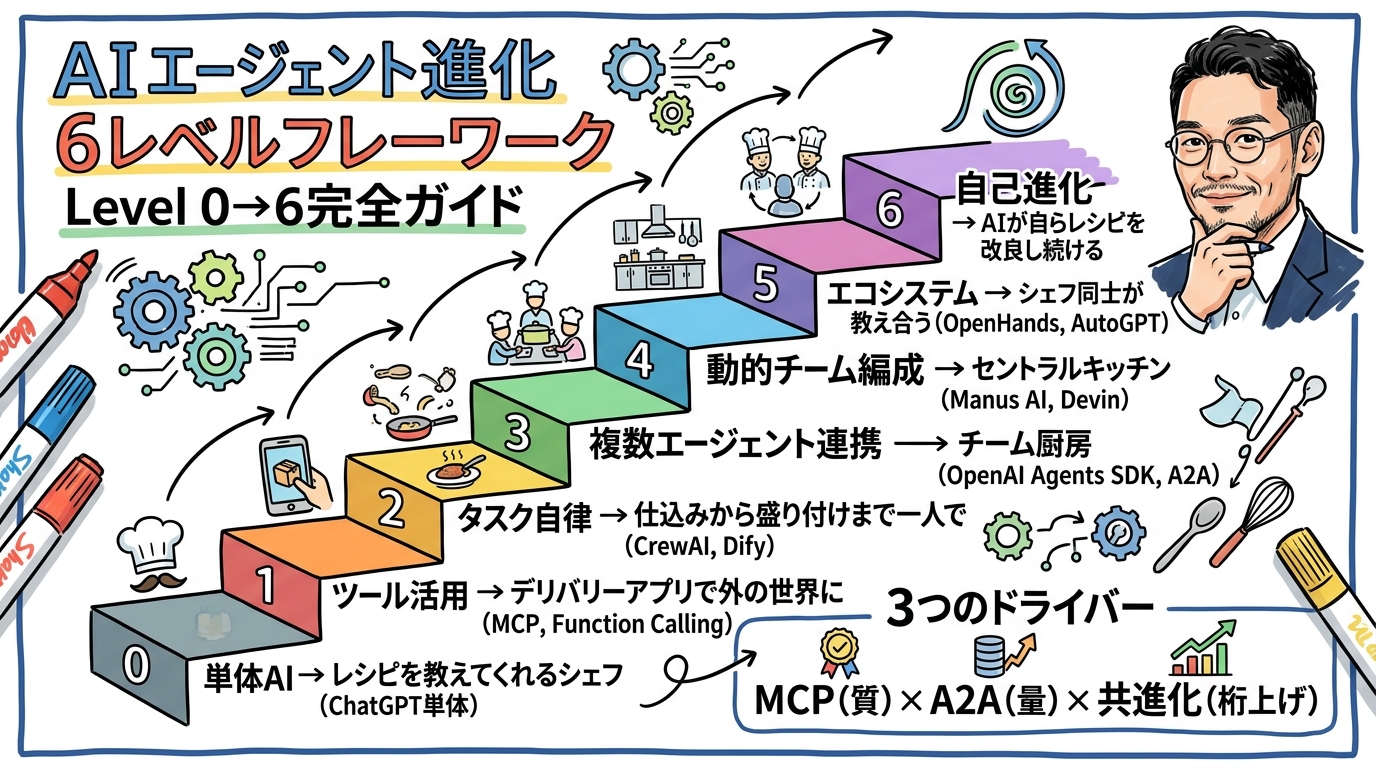 AIエージェント進化の6段階フレームワーク Level 0→6 全体図解