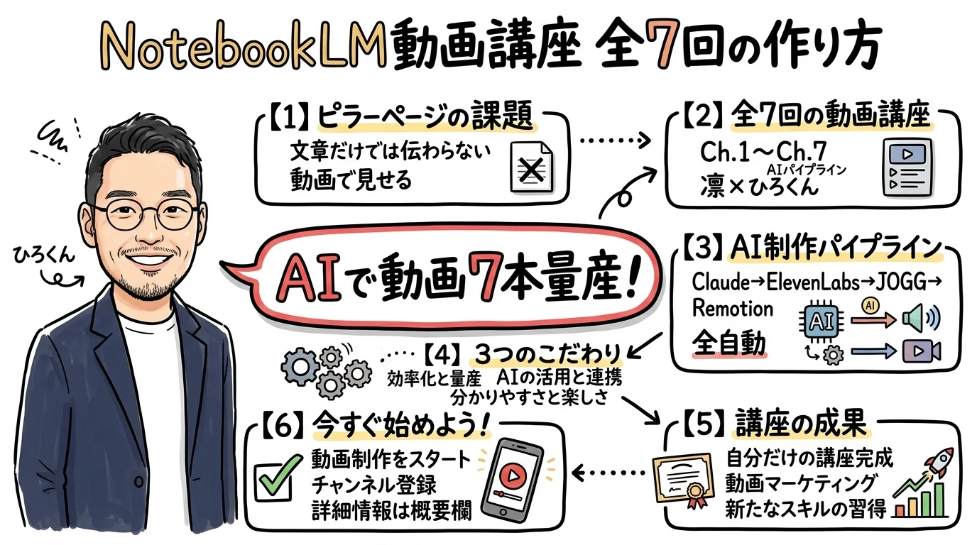 NotebookLM動画講座 全7回の作り方 全体図解グラレコ
