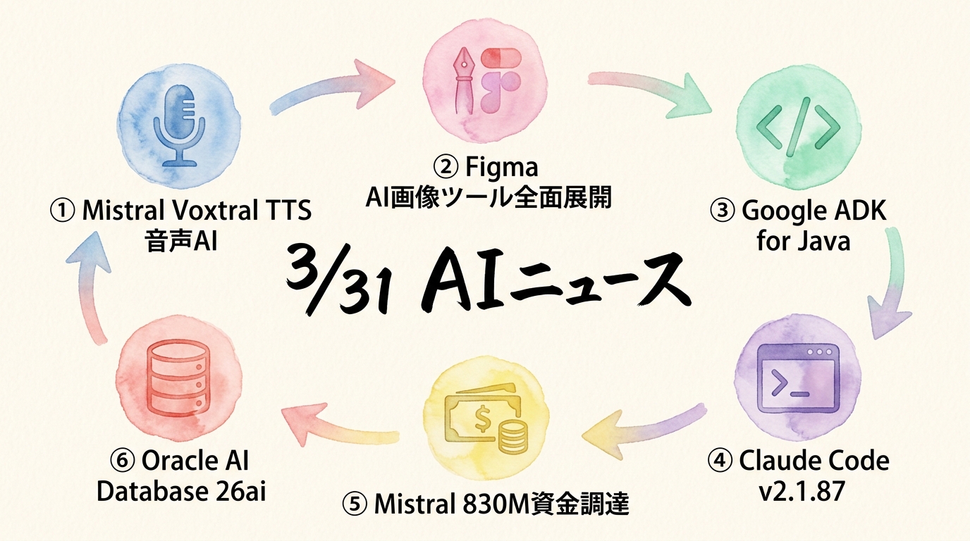2026年3月31日AIニュース6選の全体グラレコ図解