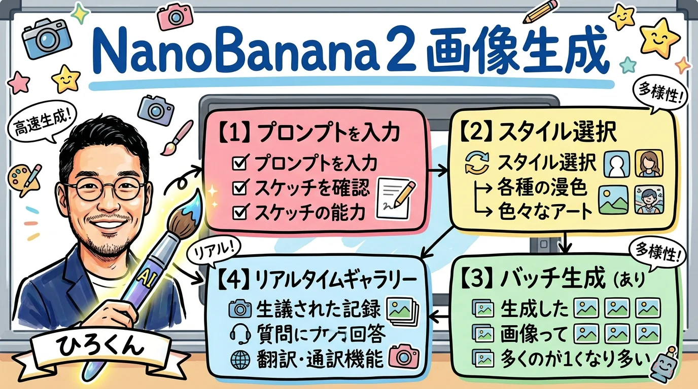 Nano Banana 2の画像生成機能を解説するイラスト