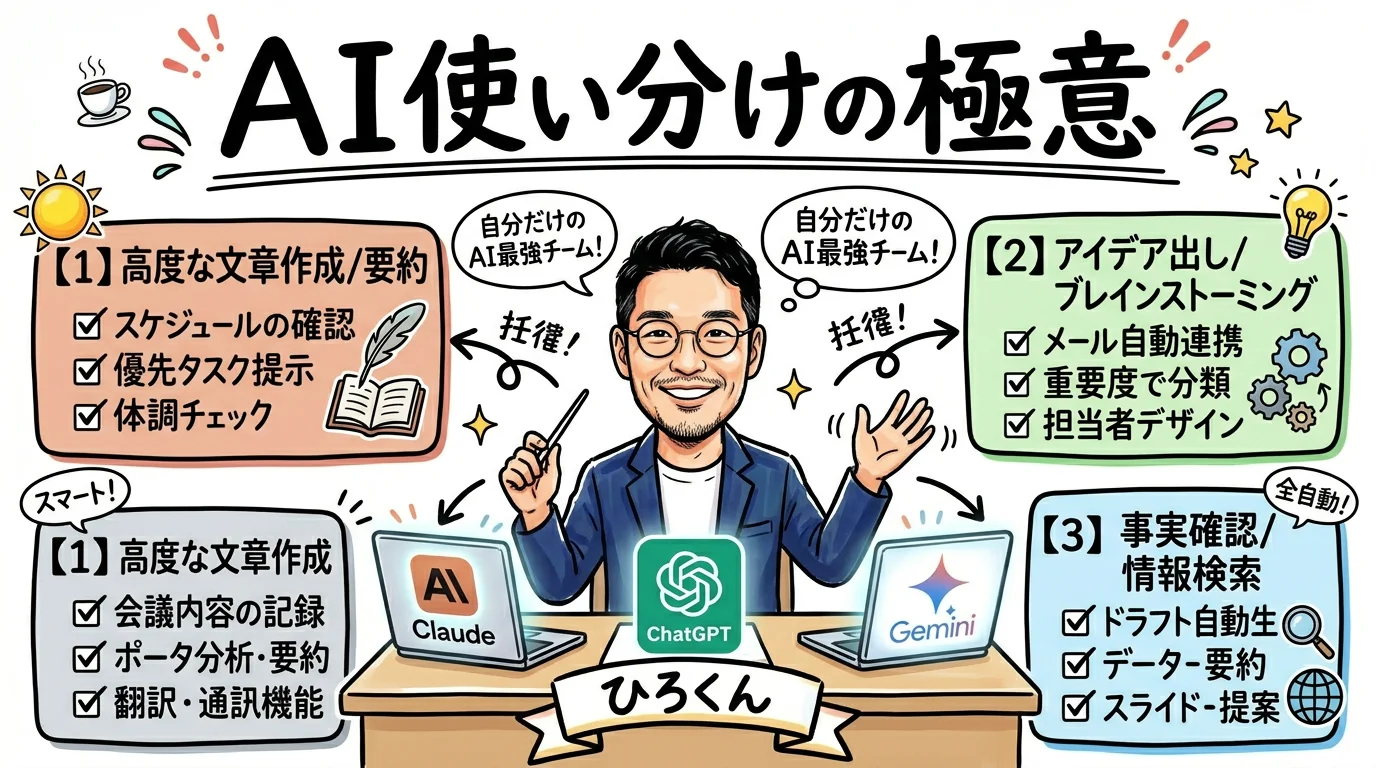 ひろくんがAI使い分けについて語るコラムイラスト