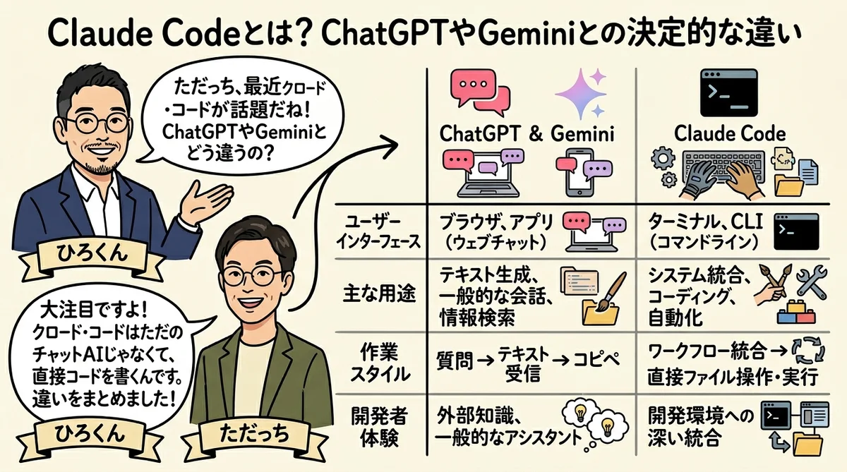 Claude Codeとは?ChatGPTやGeminiとの違い図解