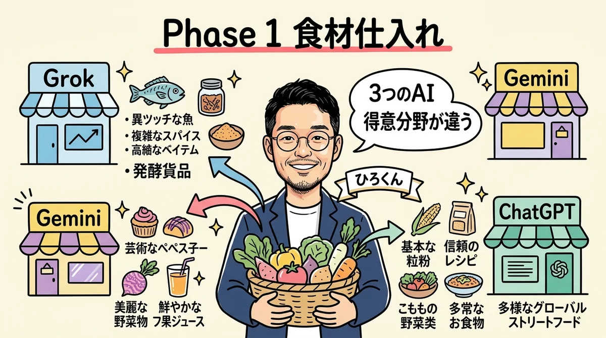 Phase1 GrokとGeminiとChatGPTで食材を仕入れる