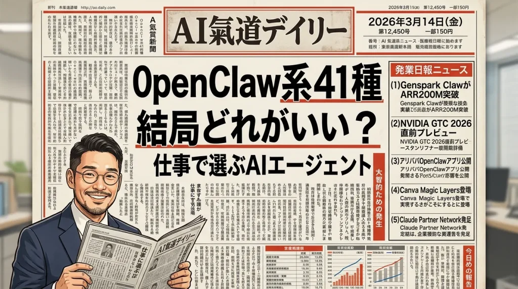 OpenClaw系41種 結局どれがいい 新聞風アイキャッチ 2026年3月14日号