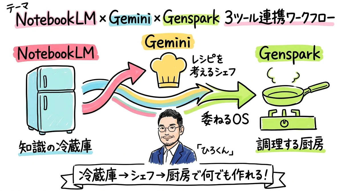 NotebookLM×Gemini×Genspark 3ツール連携ワークフロー全体図解