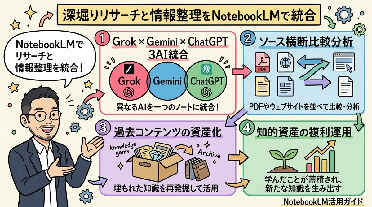 NotebookLMでリサーチ・情報整理 ディープリサーチ連携 図解