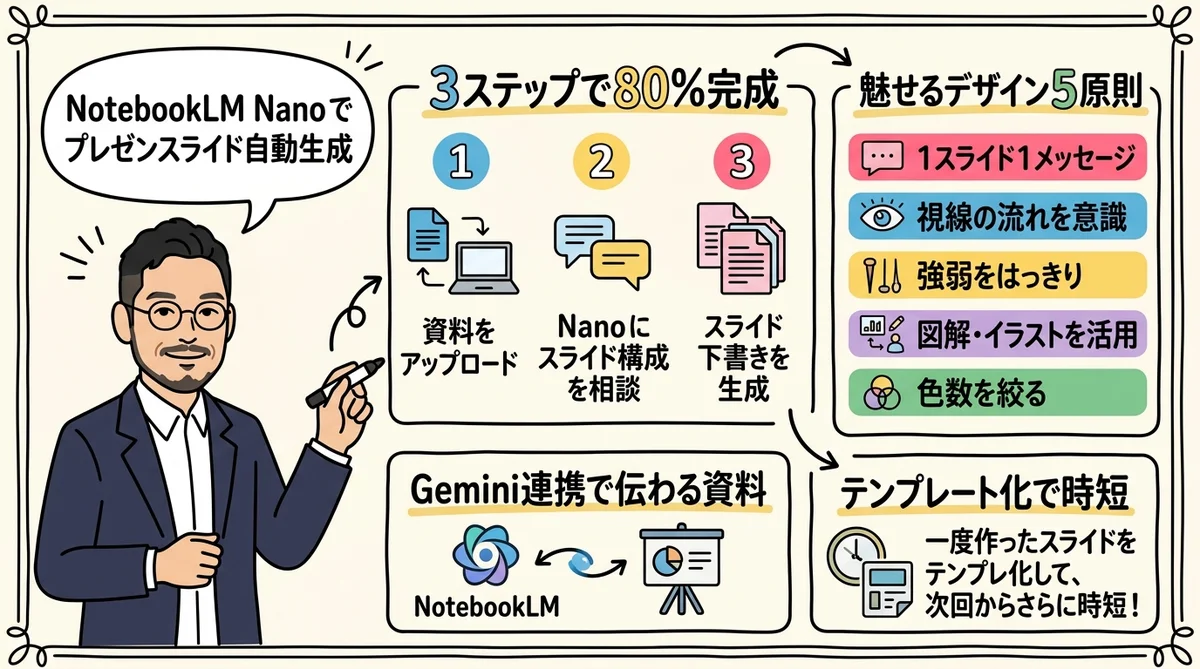 NotebookLMでプレゼン・スライド作成 Nano機能 図解