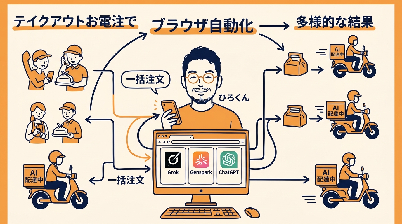 ブラウザ自動化でGrok・Genspark・ChatGPTを操るイメージ