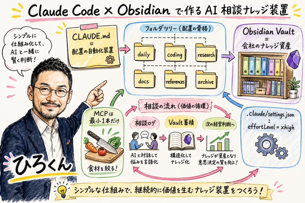 Claude Code × Obsidian で作る AI 相談ナレッジ装置の全体図（ひろくん解説）