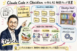 Claude Code × Obsidian で作る AI 相談ナレッジ装置の全体図（ひろくん解説）
