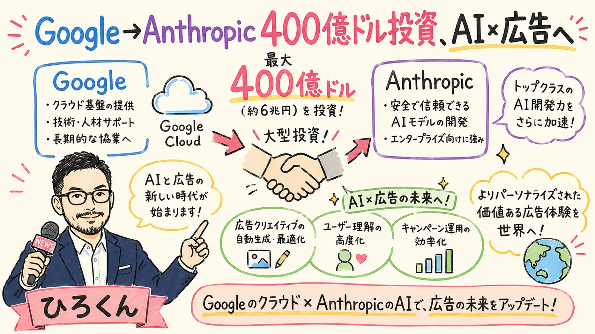 Google、Anthropicに最大400億ドル投資——AI×広告統合への布石のグラレコ