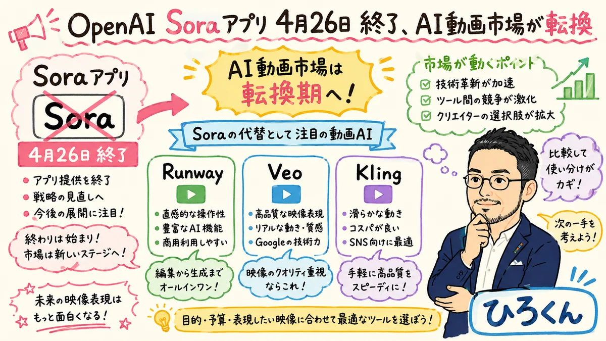 OpenAI Soraアプリ、4月26日に終了——AI動画市場が「責任」フェーズへのグラレコ