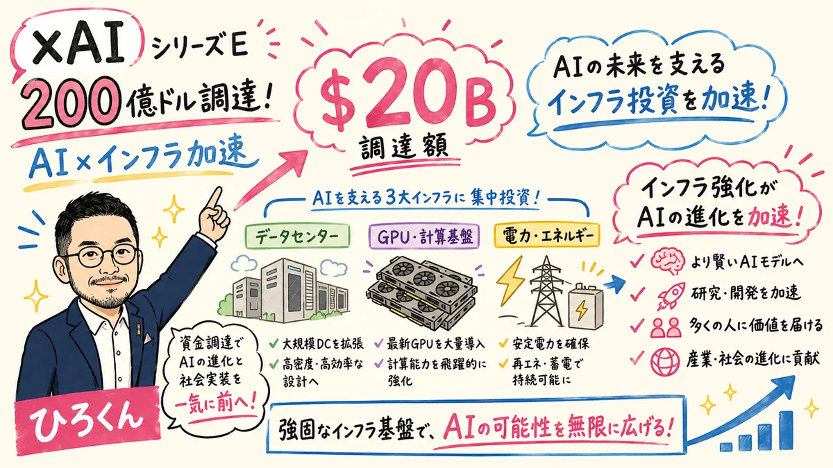 xAIシリーズE 200億ドル調達——AI×インフラ投資競争が次フェーズへのグラレコ