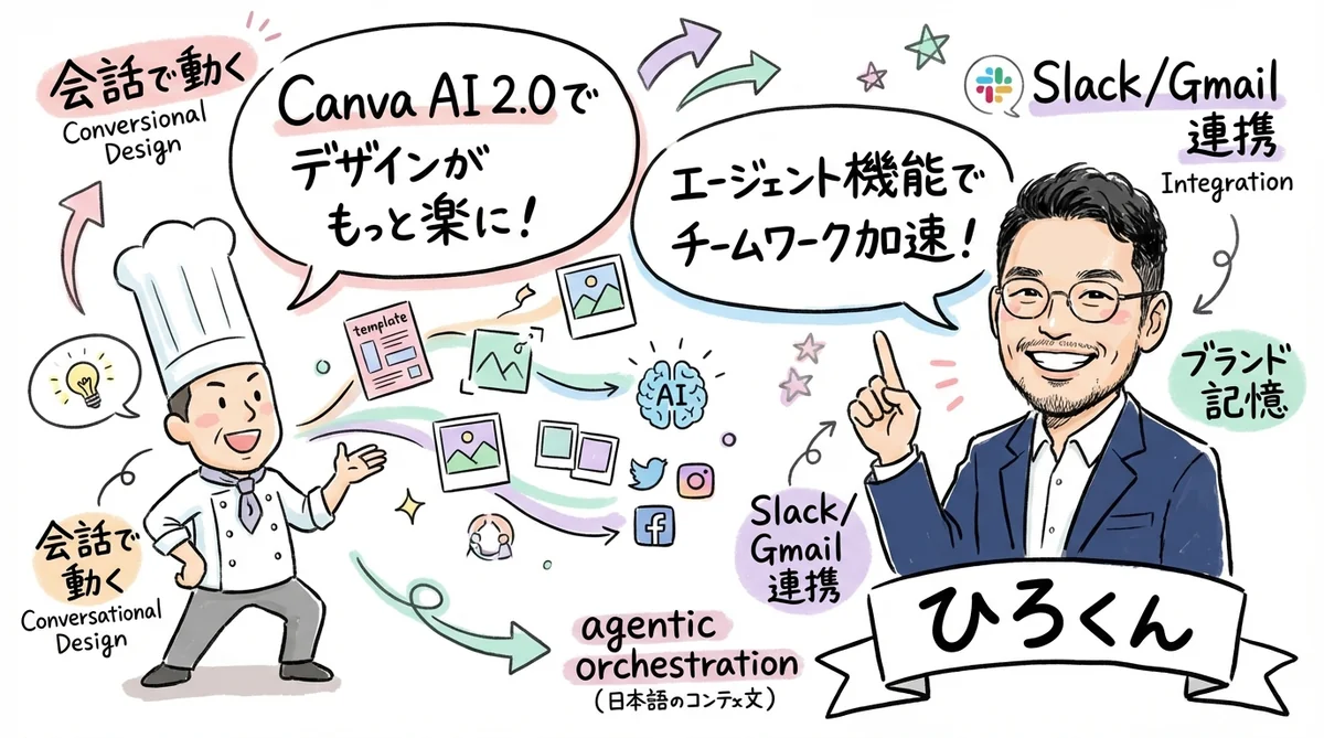 Canva AI 2.0 発表 グラレコ図解 — 会話で動く・ブランド記憶・Slack/Gmail連携