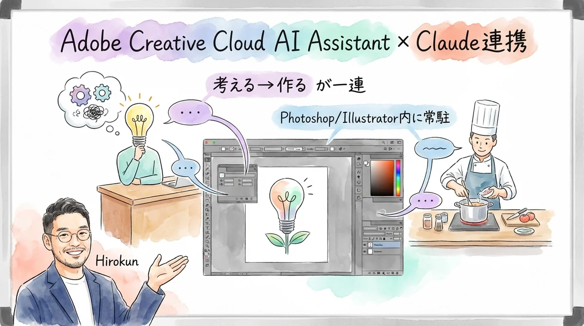 Adobe Creative Cloud AI Assistant × Claude連携 グラレコ図解 — 考える→作るが一連