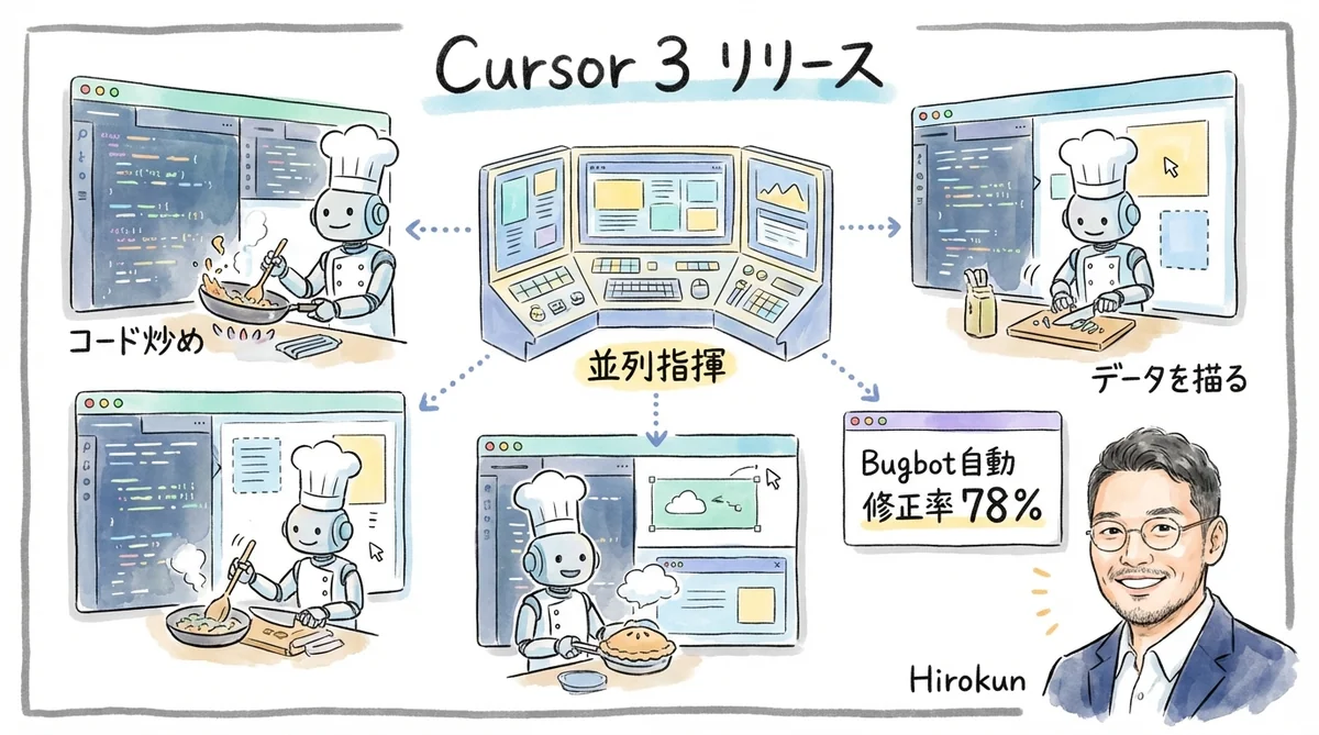 Cursor 3 リリース グラレコ図解 — Agents Window 並列指揮・Bugbot自動修正率78%