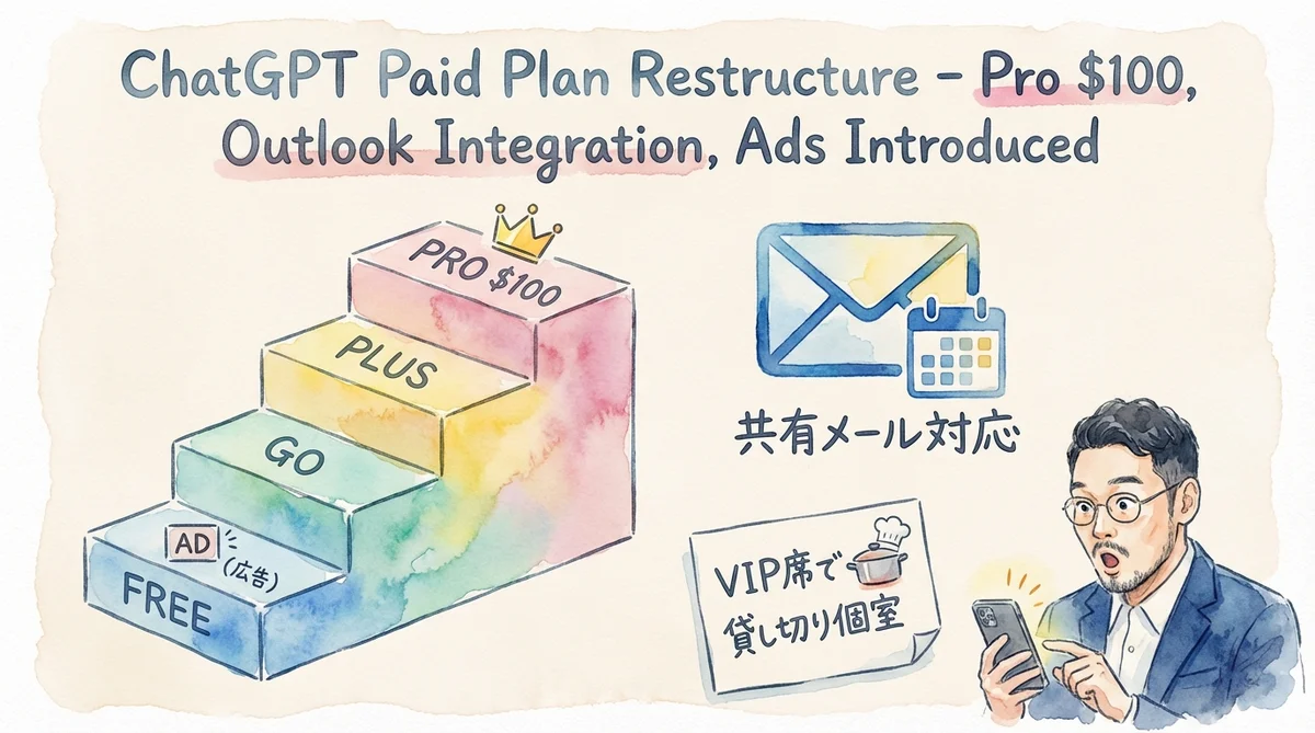 ChatGPT有料プラン再編 — Pro $100・Outlook共有・広告導入