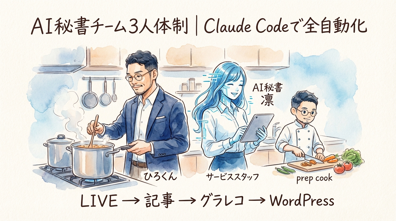 Claude Codeで作るAI秘書チーム自動化｜分身AIと3人体制の全貌 グラフィックレコーディング図解