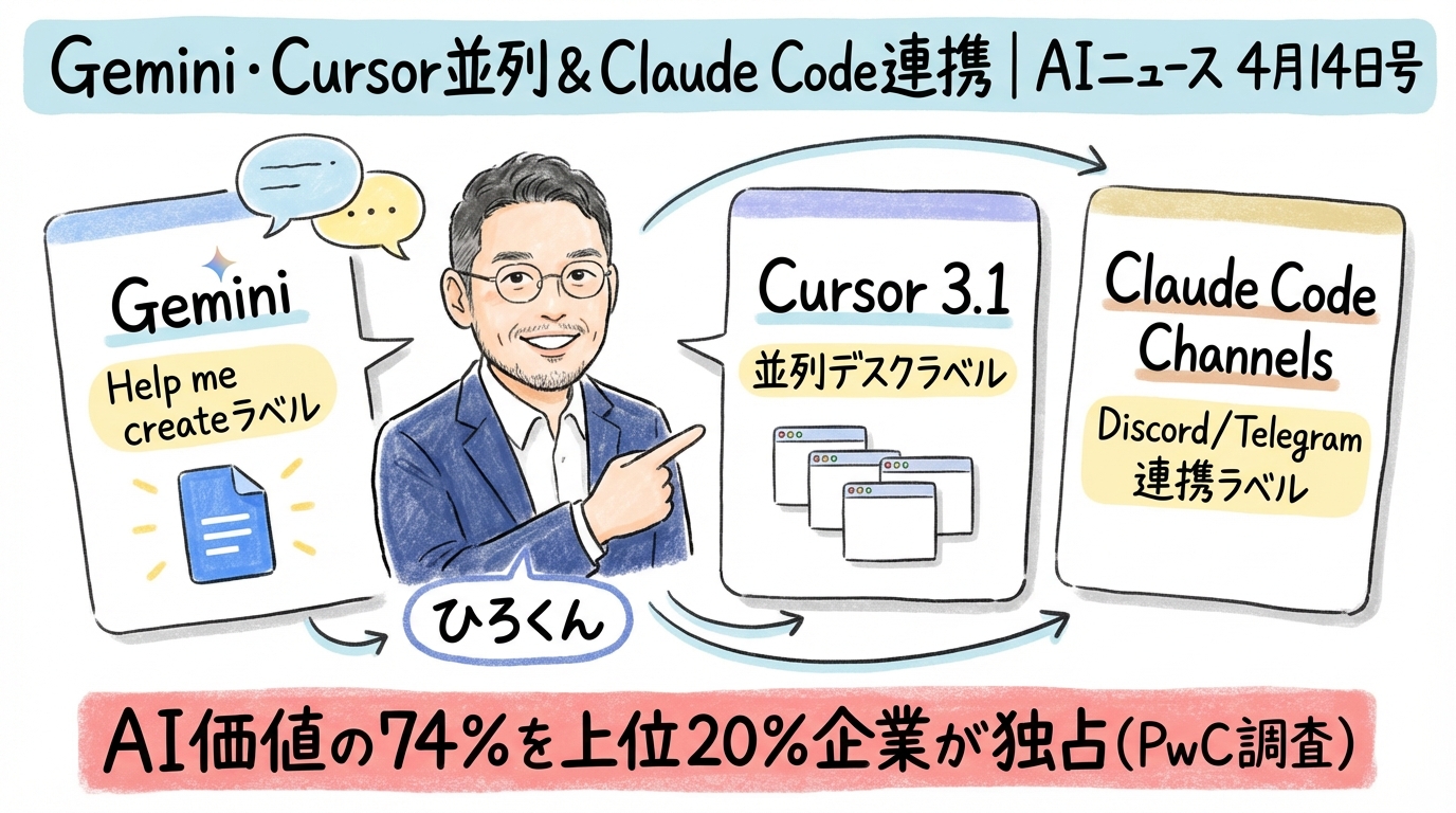 Gemini・Cursor並列＆Claude Code連携｜AIニュース4/14 グラフィックレコーディング図解