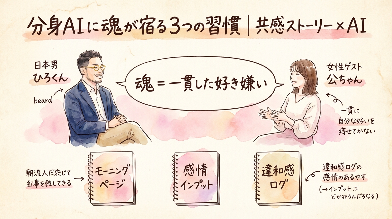 分身AIに魂が宿る3つの習慣｜共感ストーリー×AI実践法 グラフィックレコーディング図解