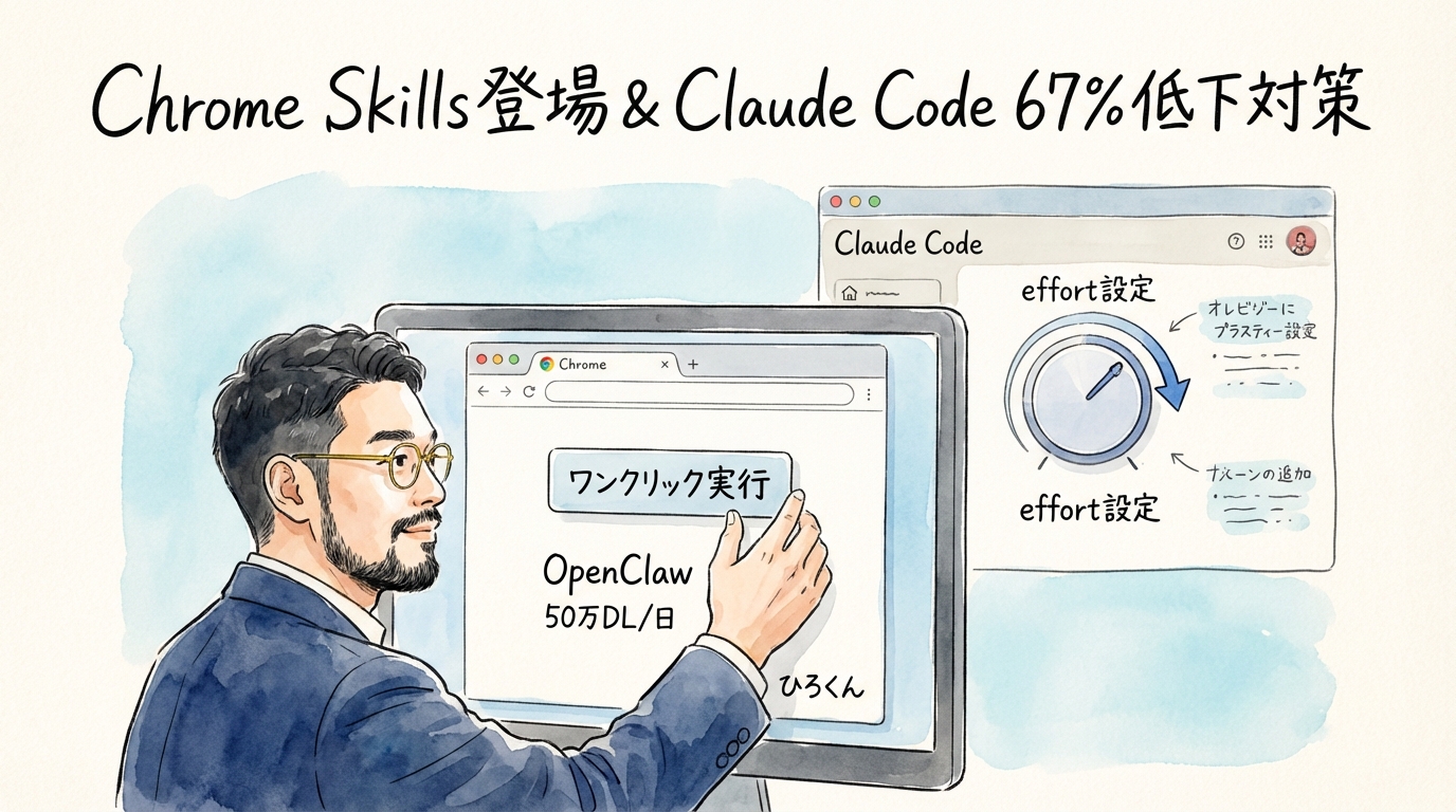 プロンプトをワンクリック再利用！Chrome Skills登場＆Claude Code炎上【最新AIニュース解説】2026年4月15日号 グラフィックレコーディング図解