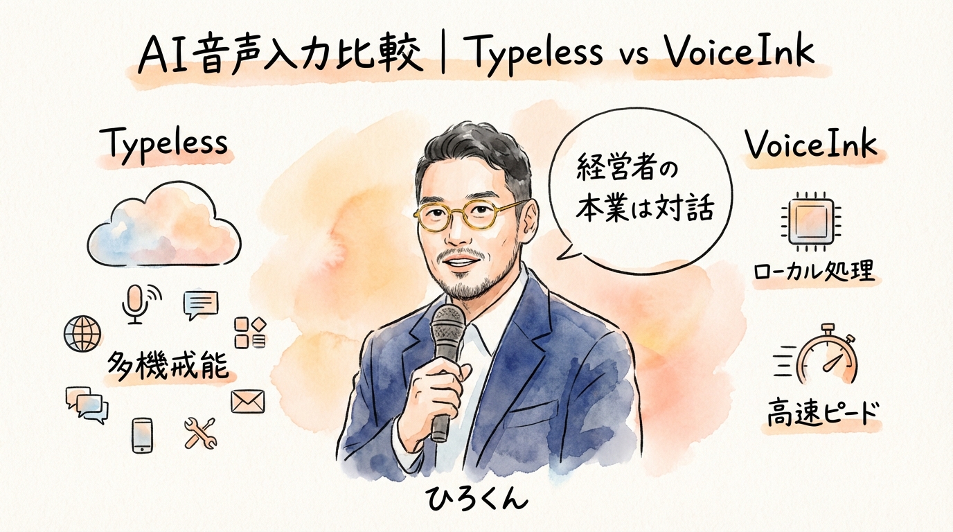 AI音声入力おすすめ比較｜Typeless vs VoiceInk経営者のアウトプット効率を劇的に上げる最適解 グラフィックレコーディング図解