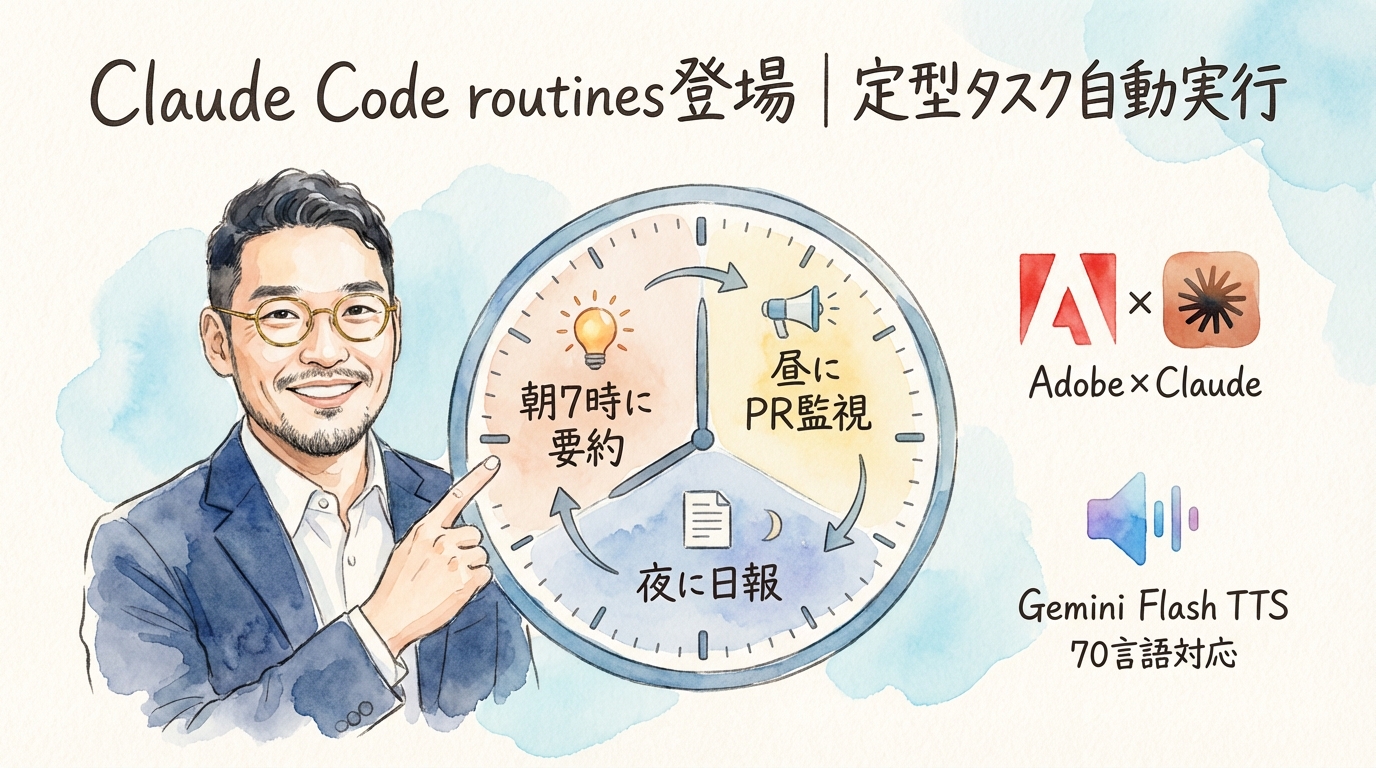 Claude Code「routines」登場！定型タスク自動実行＆Adobe統合も【最新AIニュース解説】2026年4月16日号 グラフィックレコーディング図解