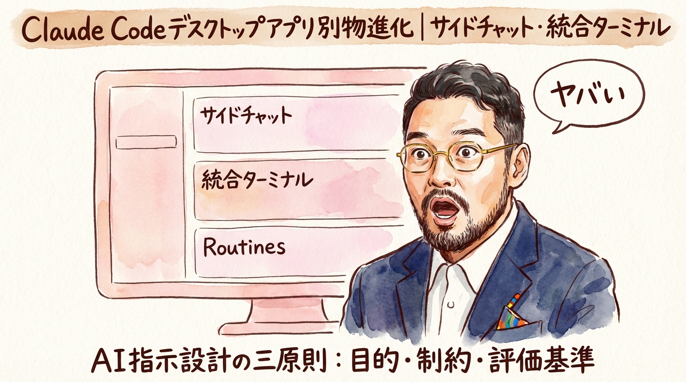Claude Codeデスクトップアプリが別物になった。Routines、統合ターミナル、サイドチャット——私が「これはヤバい」と思った理由 グラフィックレコーディング図解