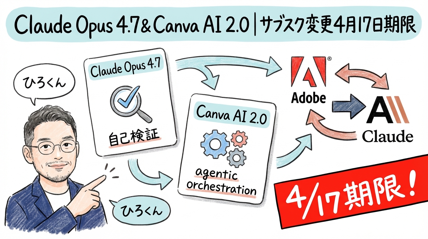 Claude Opus 4.7＆Canva AI 2.0登場？デザイン革命到来【最新AIニュース解説】2026年4月17日号 グラフィックレコーディング図解