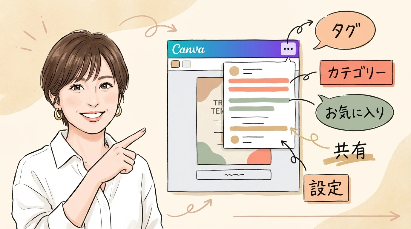 ともみんがCanvaテンプレートの三点メニューでタグを確認
