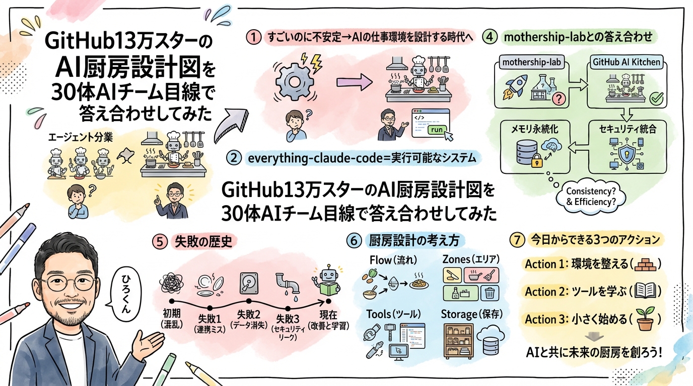 GitHub13万スターのAI厨房設計図を30体AIチームで答え合わせ 全体図グラレコ