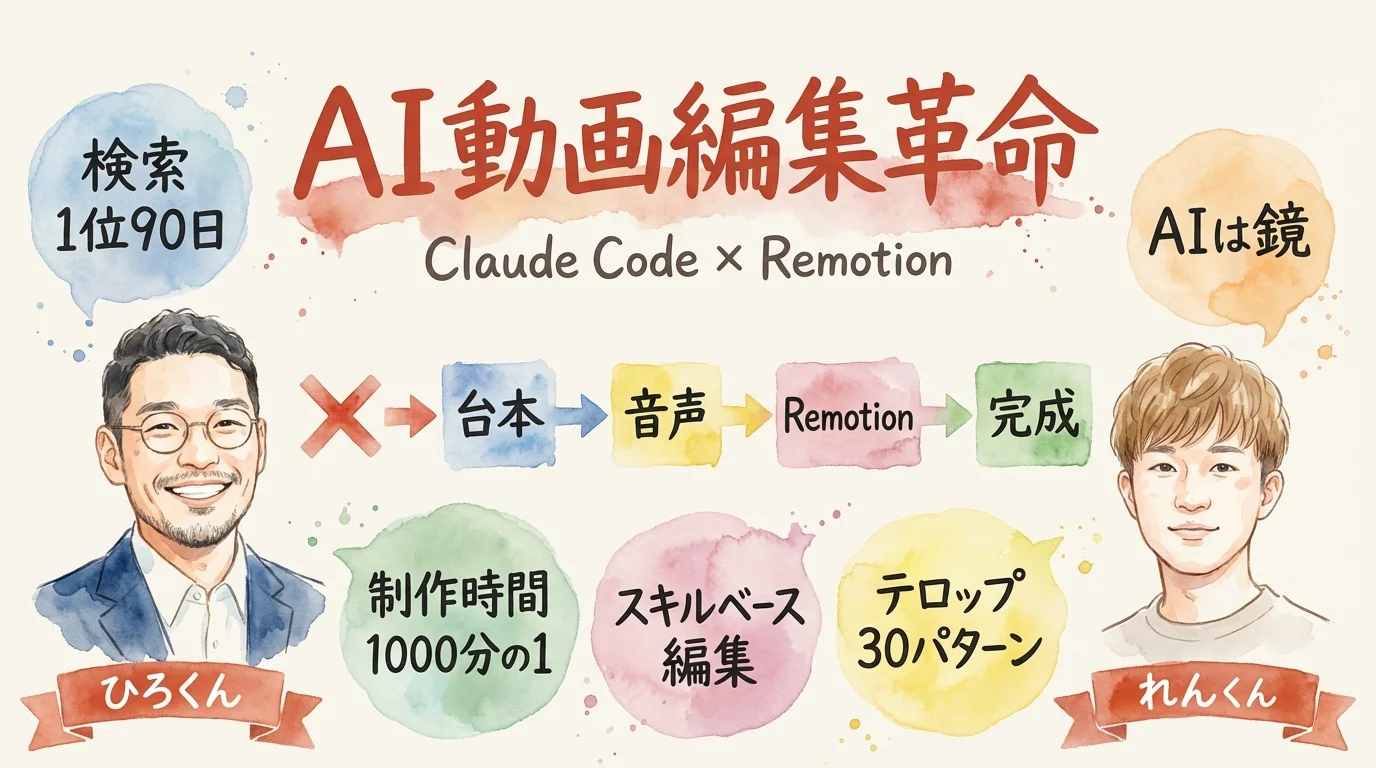 Claude Code×Remotionで動画編集革命 全体図解グラレコ ひろくん×れんくん