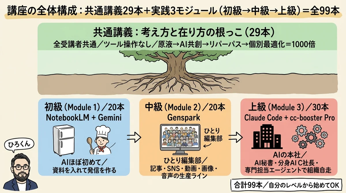 分身AI講座の全体構成：共通講義29本と実践3モジュール