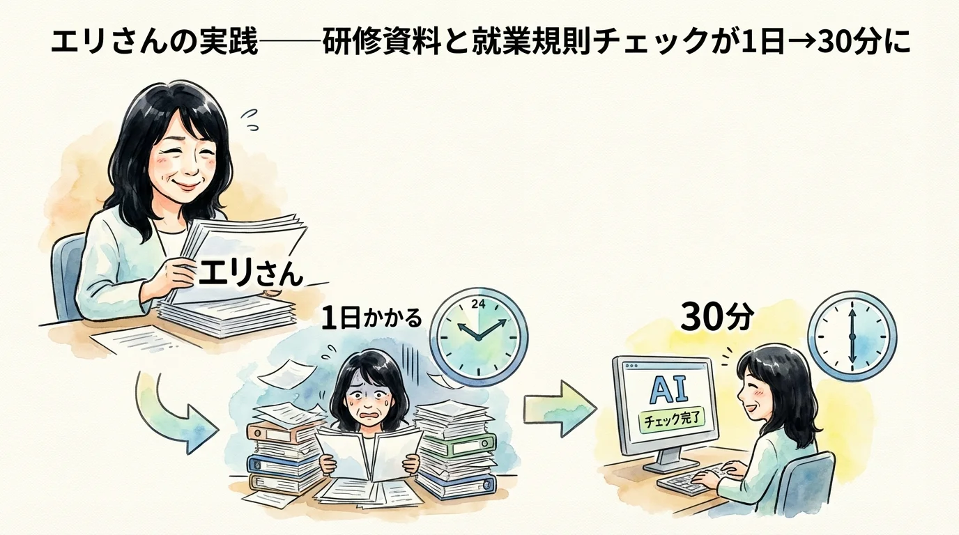 エリさんの実践——研修資料作成と就業規則チェックの時間短縮を示す図解
