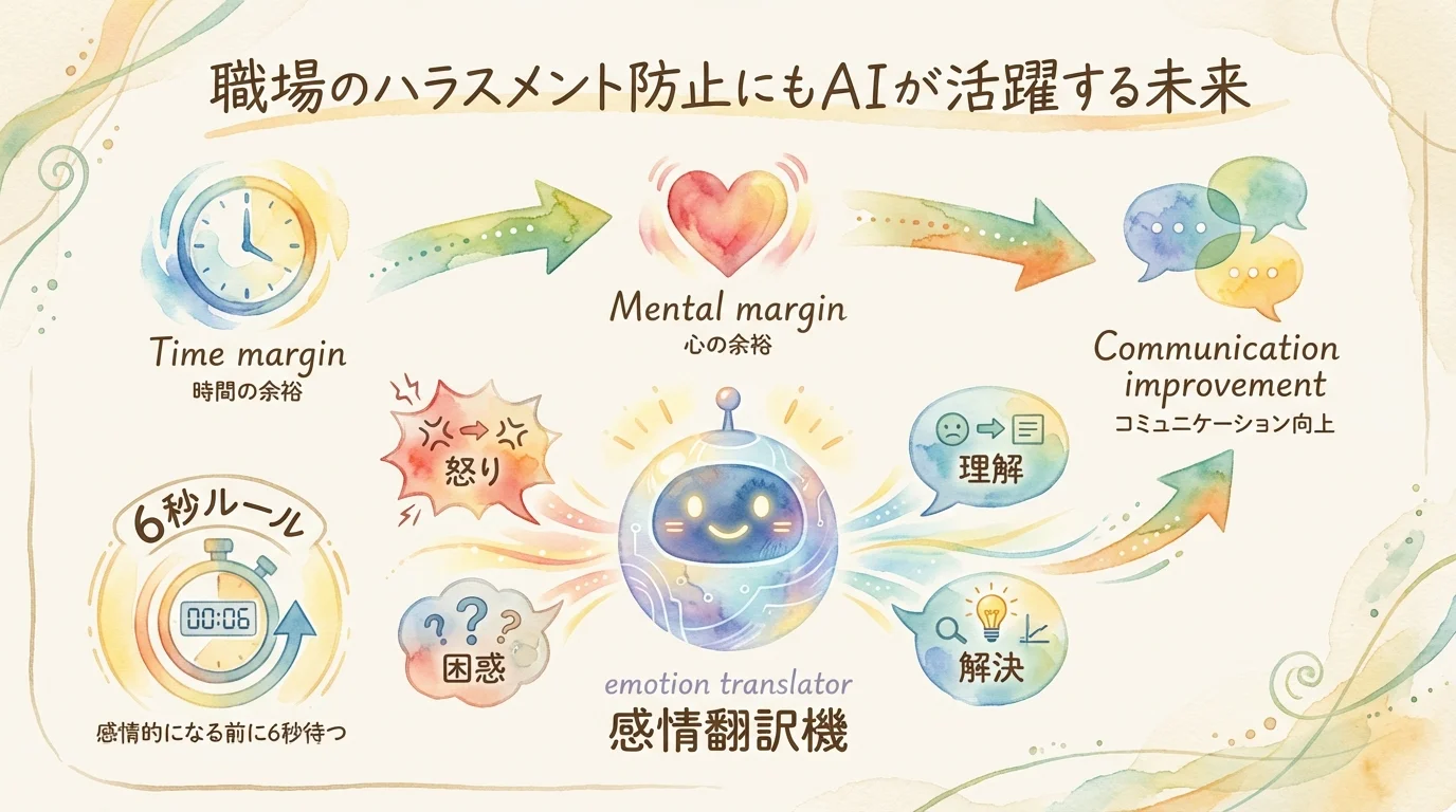 AIでハラスメント防止——忙しさから心の余裕を生む流れを示す図解