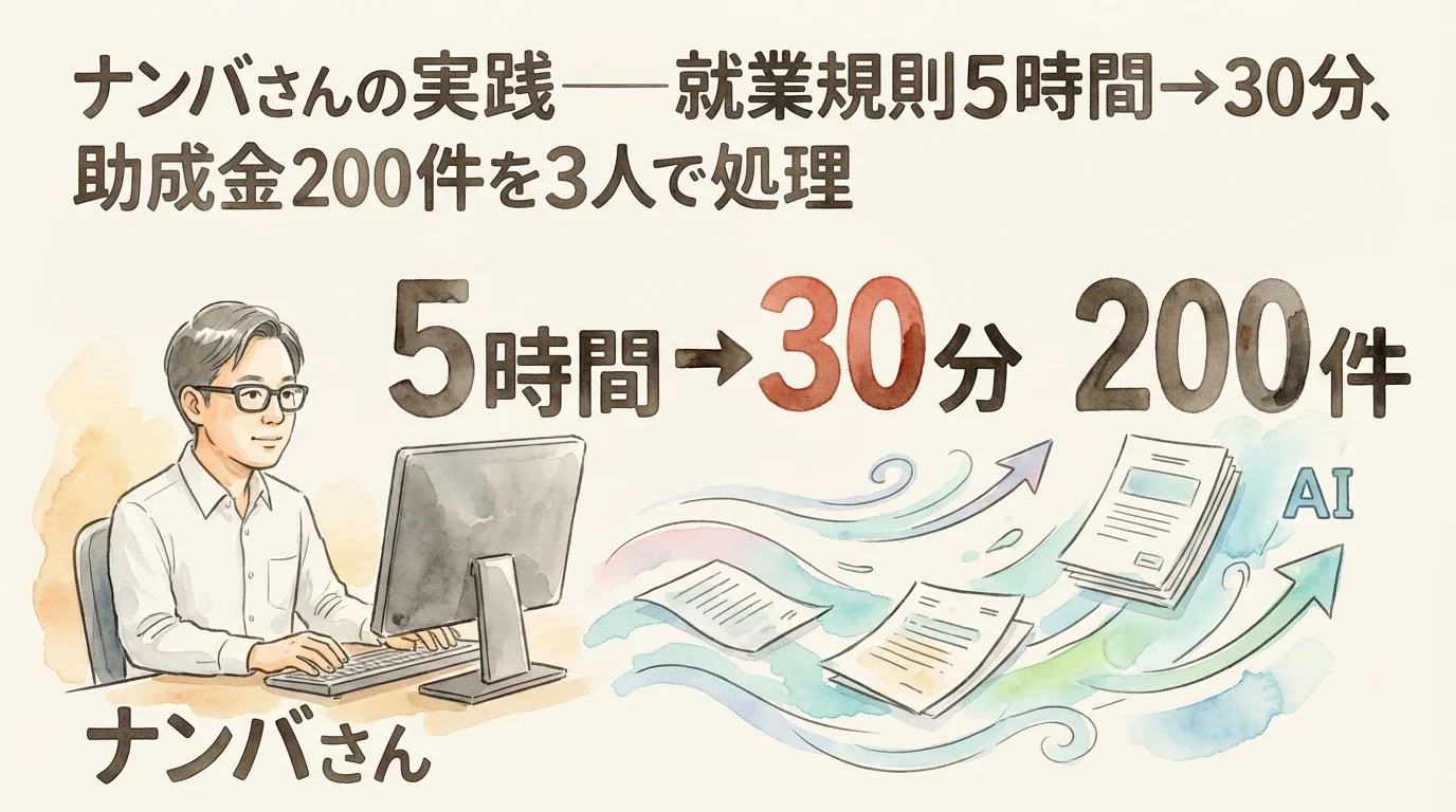 ナンバさんの実践——就業規則チェック5時間→30分、助成金200件処理を示す図解