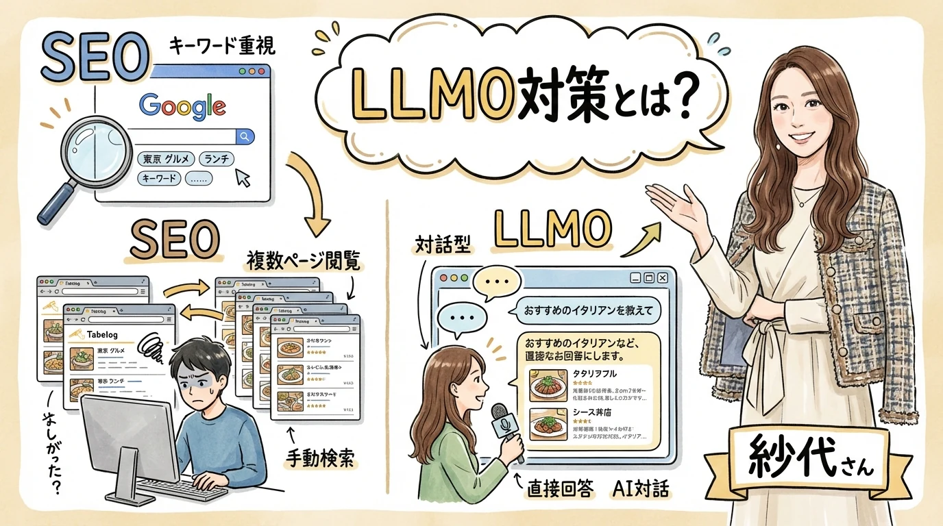 LLMO対策とは？SEOとの違い 見出しグラレコ
