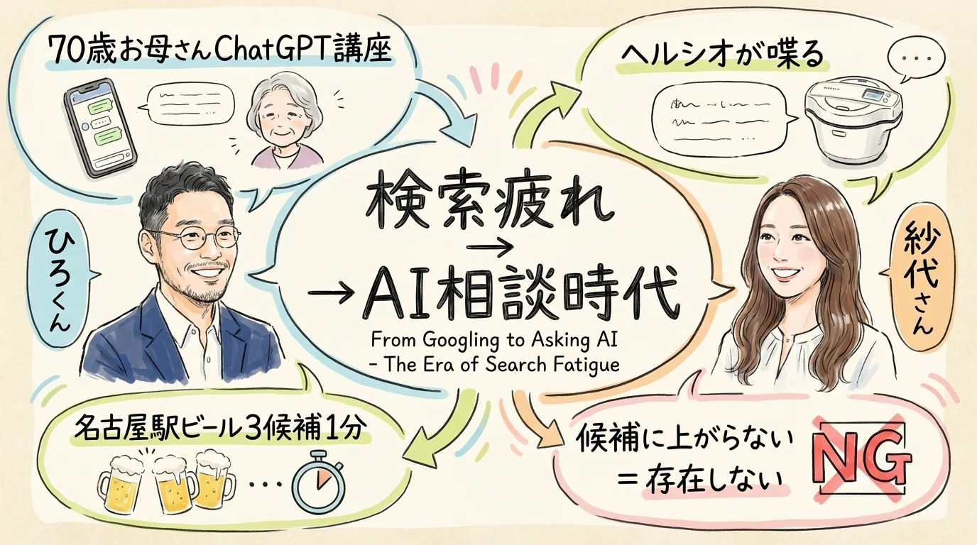 「ググる」から「AIに聞く」へ 検索疲れの時代 見出しグラレコ