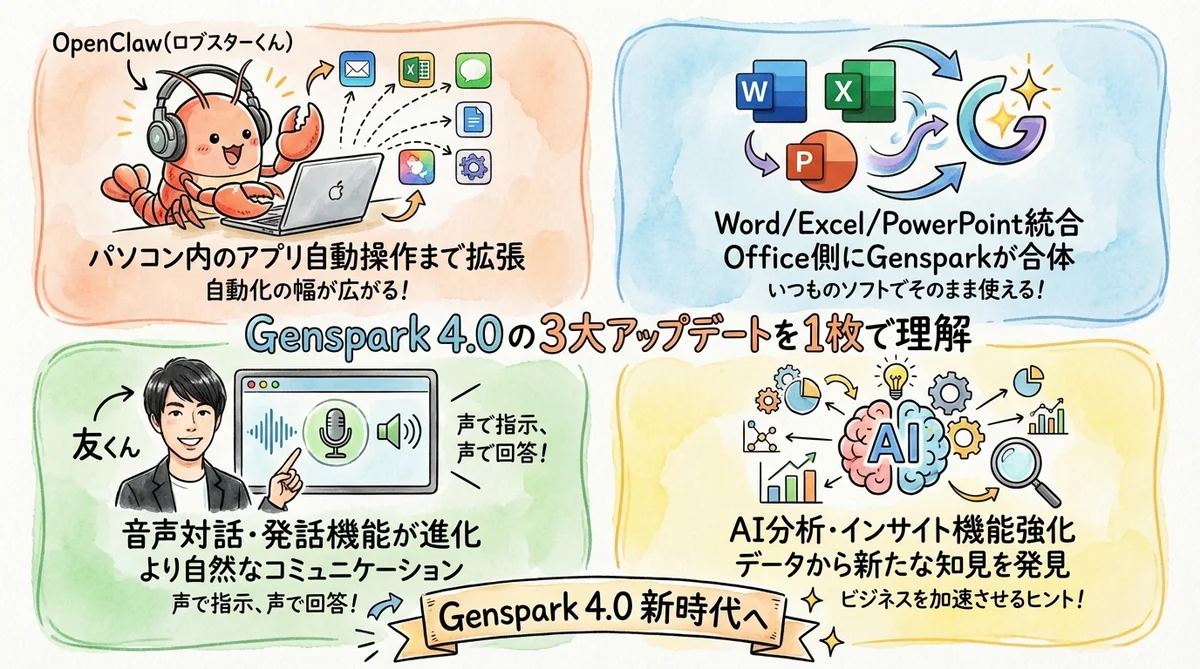 Genspark 4.0の3大アップデート——OpenClaw・Office統合・Speakly+議事録を示す図解