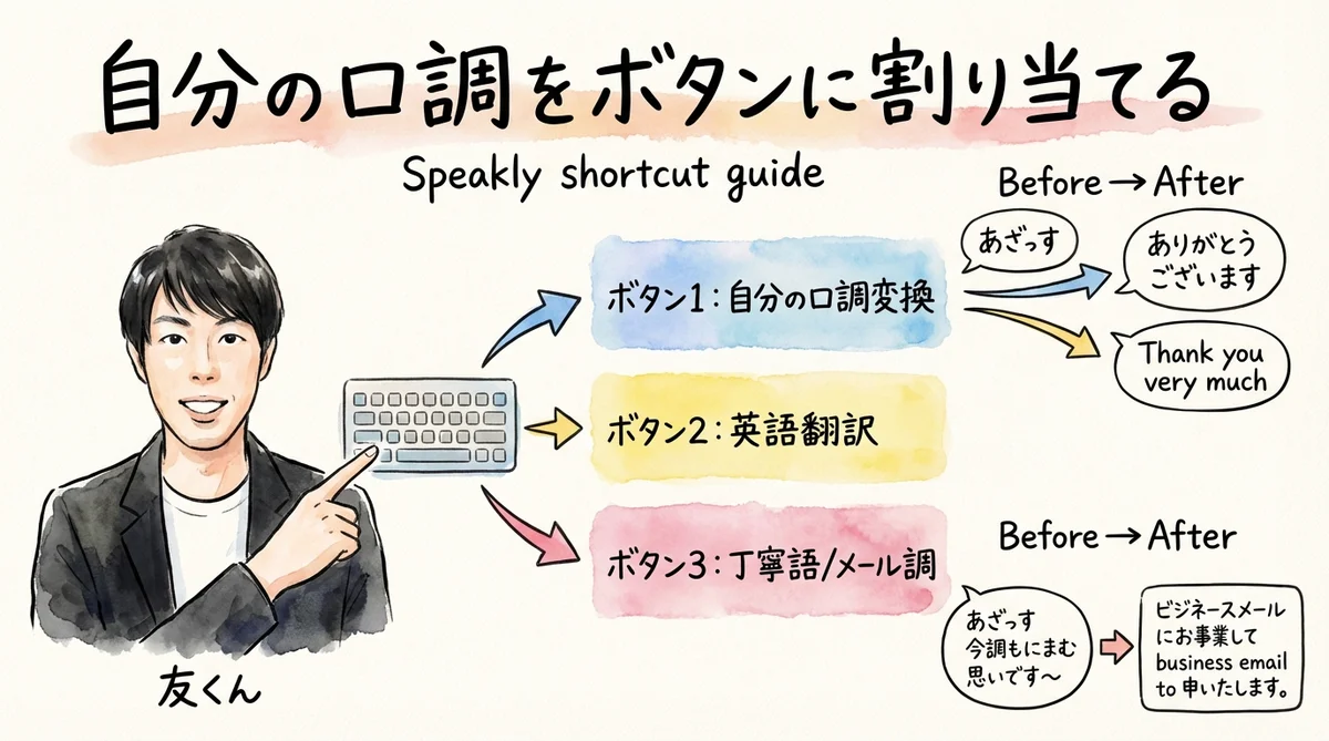 Speaklyのショートカット割り当て機能——自分の口調・英語変換などをボタン化する図解
