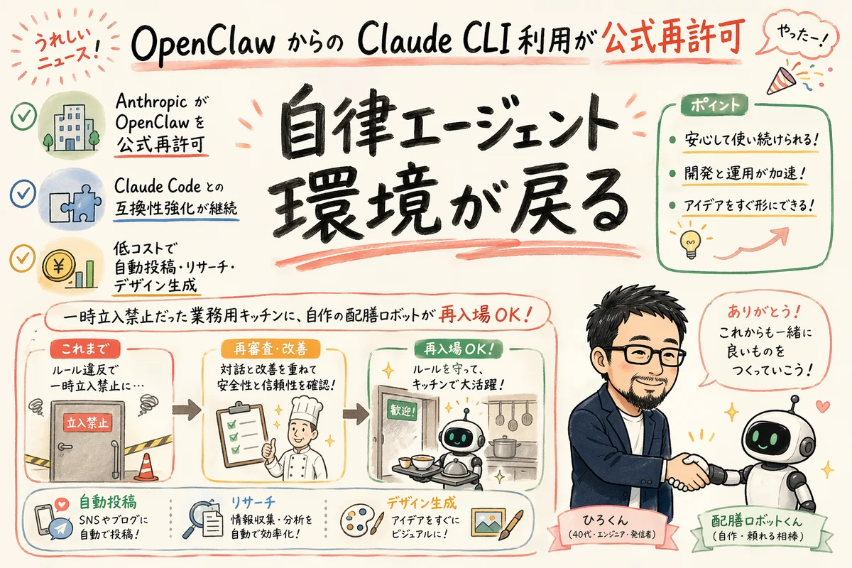 OpenClawとClaudeが再び握手する様子の図解