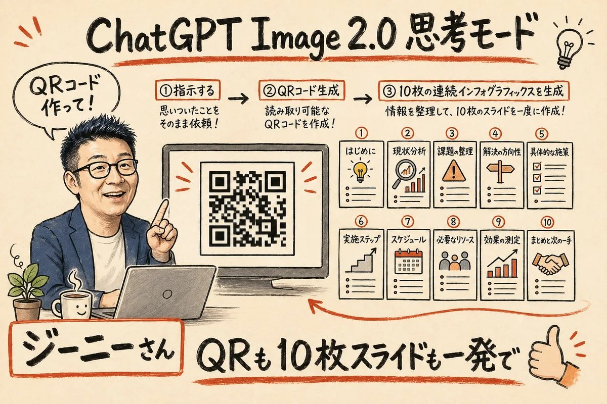 ChatGPT Image 2.0思考モード：QRコード生成・連続10枚スライドのインフォグラフィックス事例